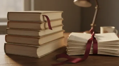 Стопка книг в твёрдом переплёте на столе рядом с рукописью в гранках и бордовой закладкой