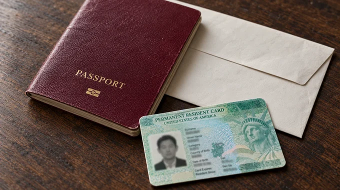 Бордовый паспорт, конверт и грин-карта (Permanent Resident Card) на деревянном столе